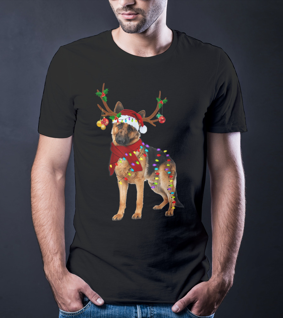 Santa German Shepherd Reindeer Antlers Christmas Lights T-Shirt