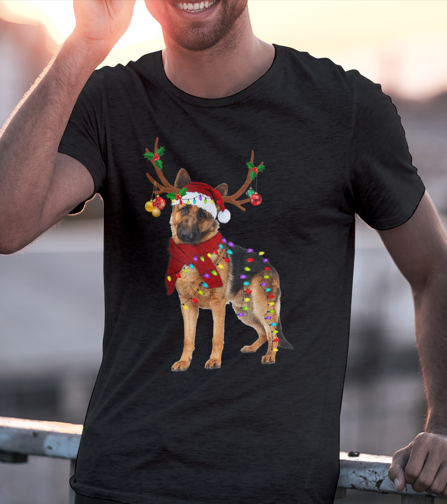 Santa German Shepherd Reindeer Antlers Christmas Lights T-Shirt