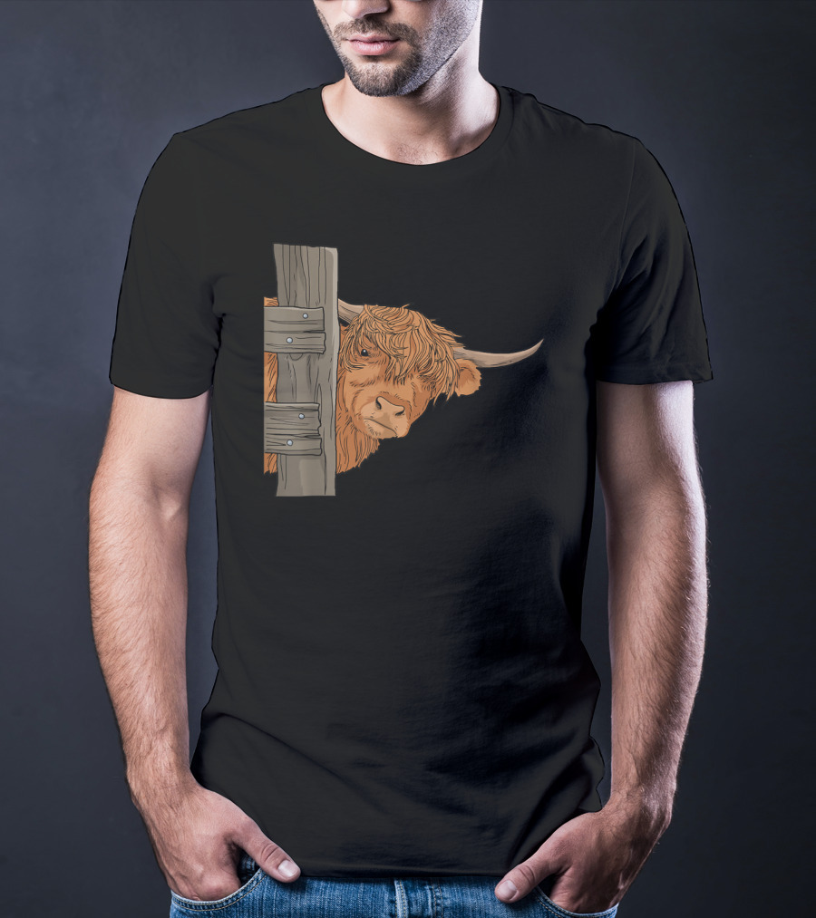 Scottish Highland Cow Spirit Animal Peeking Behind Wooden Fence T-Shirt
