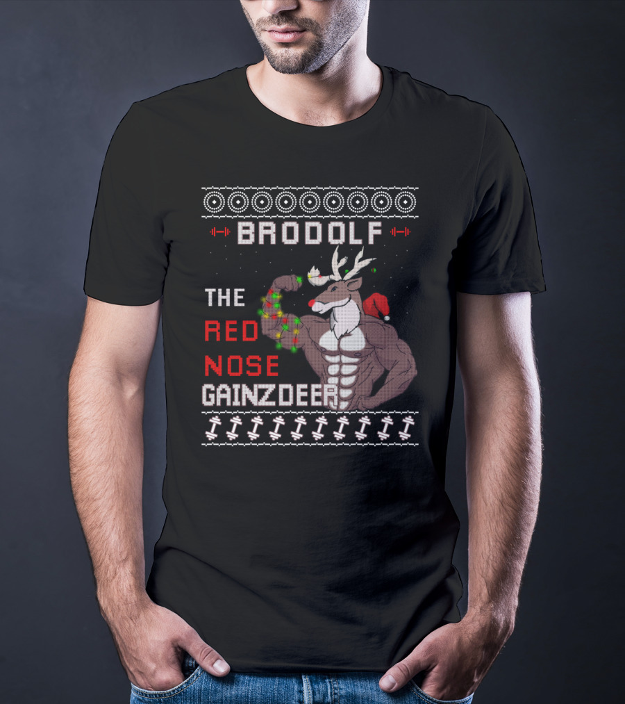Brodolf The Red Nose Gainzdeer Lifting Weights Festive Sweater Style Fitness T-Shirt