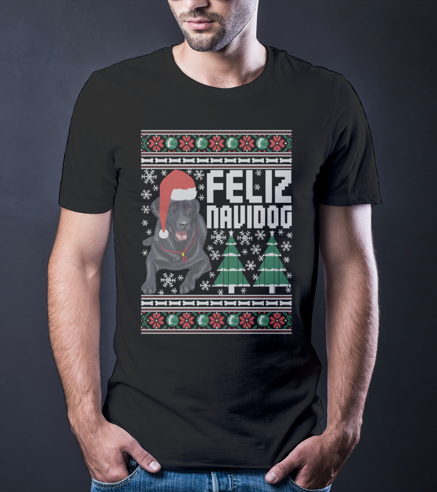 Feliz Navidog Labrador With Santa Hat And Christmas Trees Snowflakes T-Shirt
