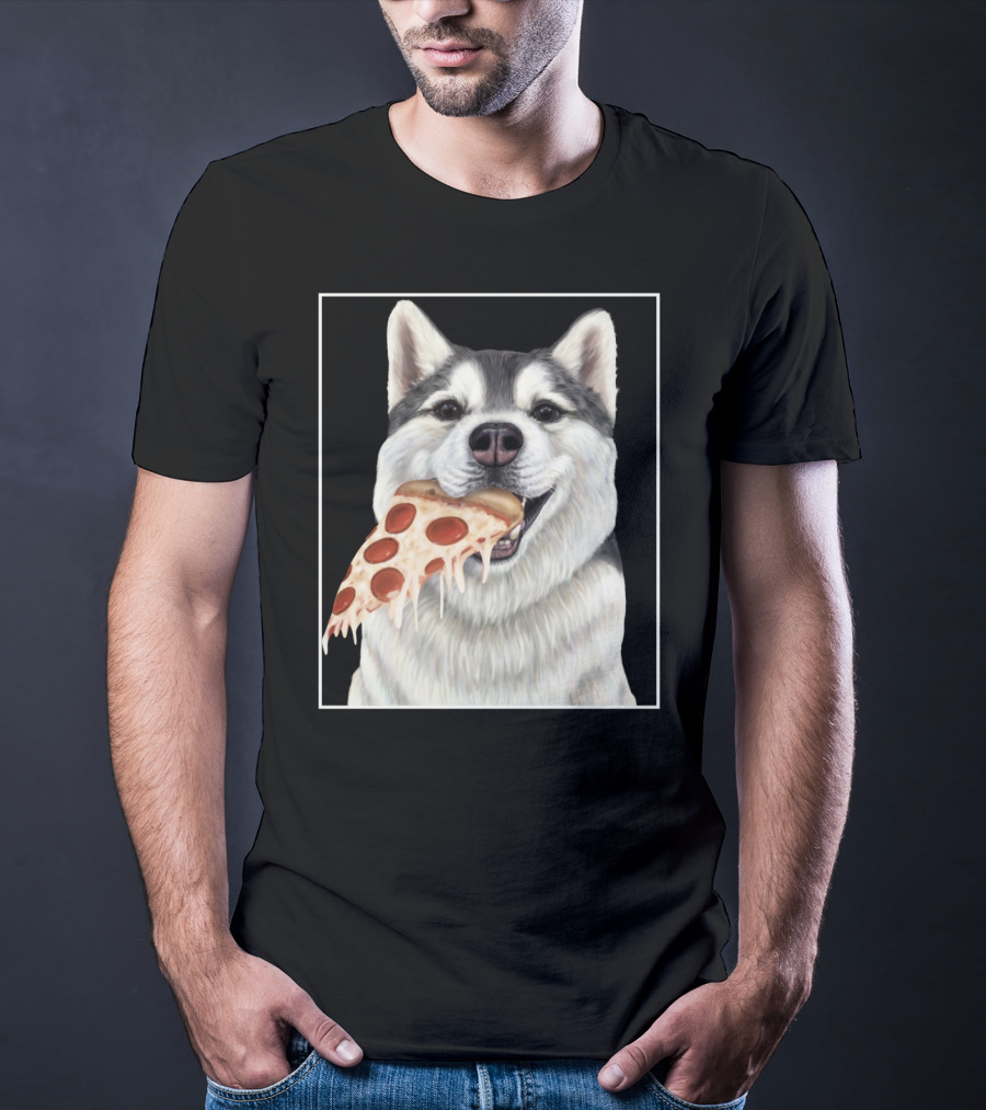 Husky Eating A Pepperoni Pizza Slice Dog Image T-Shirt