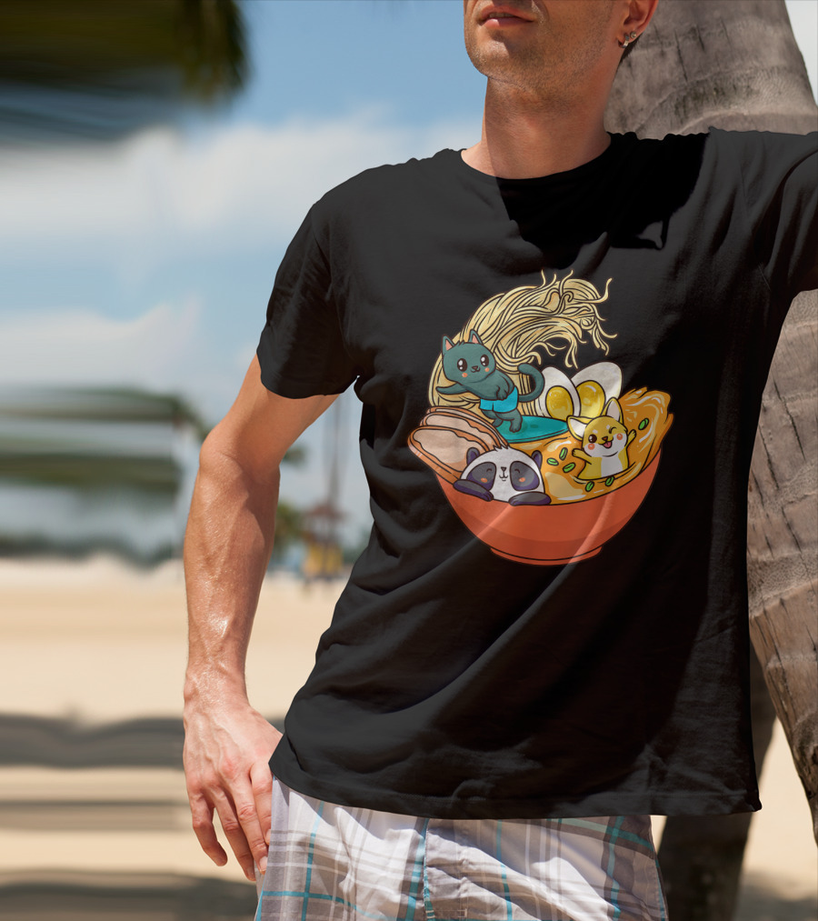 Kawaii Cat Panda Dog Anime Noodle Bowl With Egg And Ramen T-Shirt