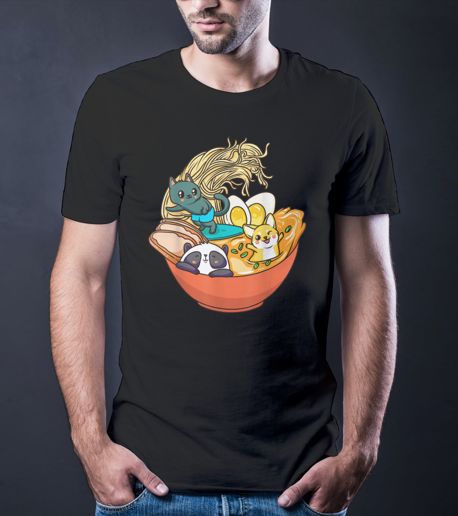 Kawaii Cat Panda Dog Anime Noodle Bowl With Egg And Ramen T-Shirt