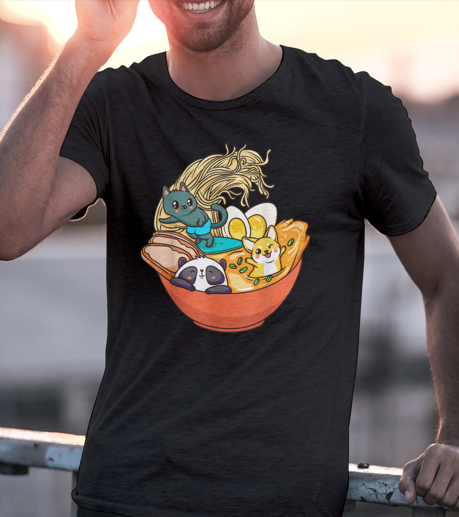 Kawaii Cat Panda Dog Anime Noodle Bowl With Egg And Ramen T-Shirt
