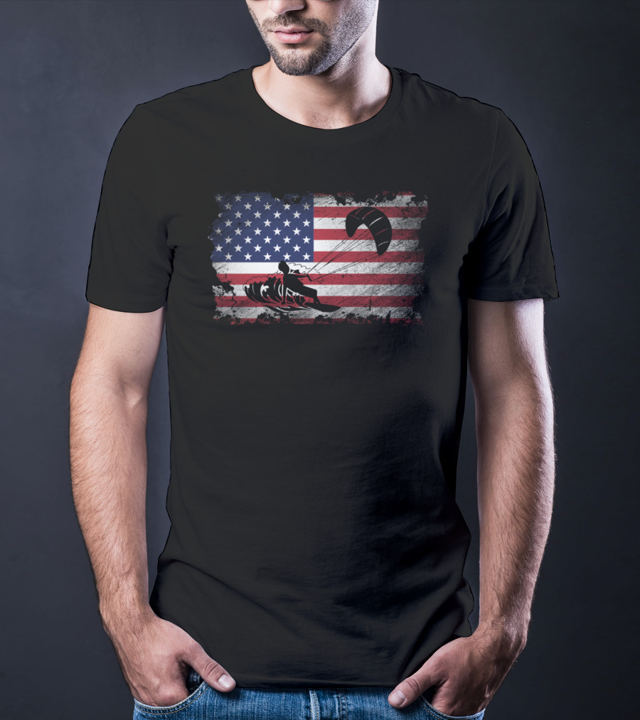 Kiteboarding With American Flag Proud USA Patriot T-Shirt