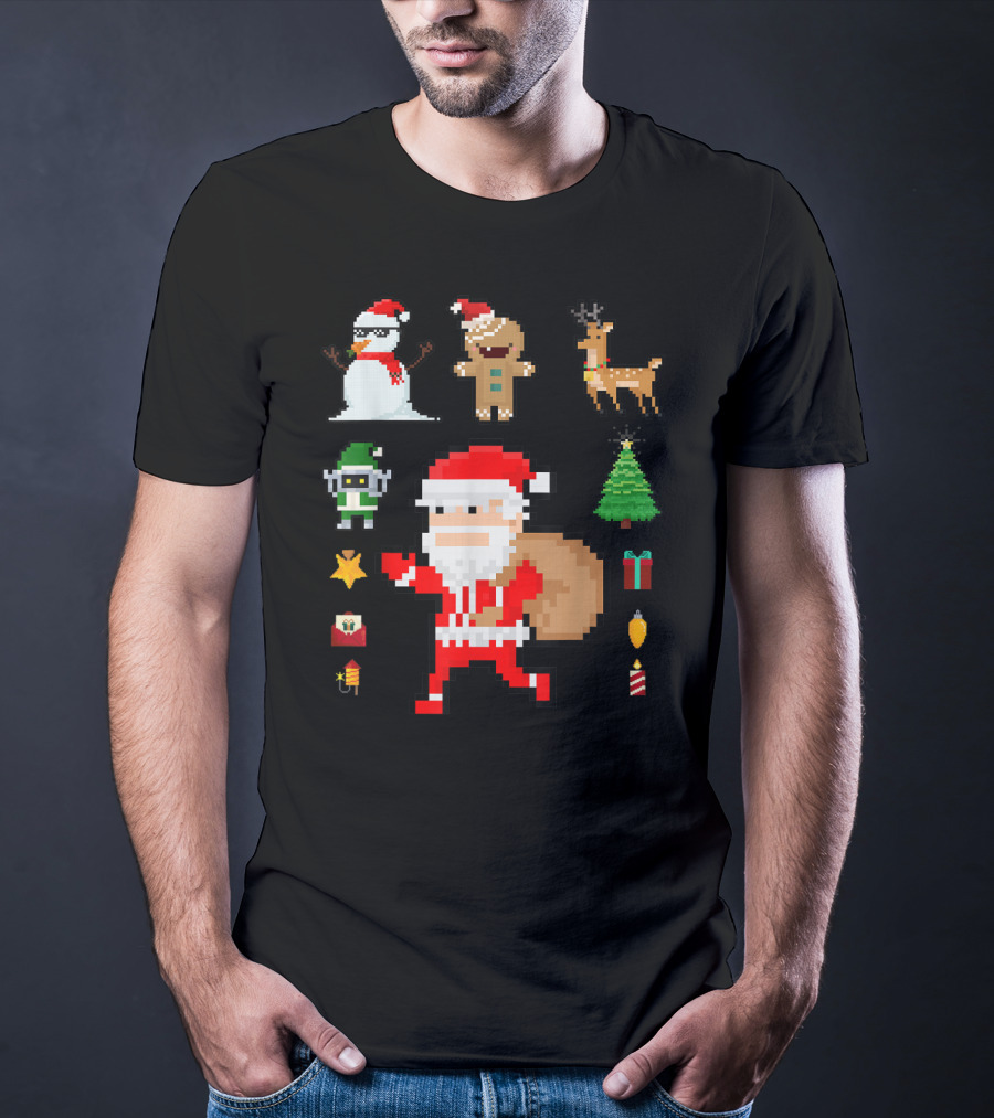 Pixel 8Bit Santa Claus Snowman Gingerbread Reindeer Christmas Tree Gifts Gaming T-Shirt