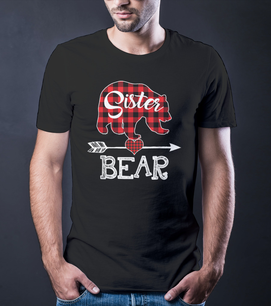 Sister Bear Christmas Red Plaid Buffalo Arrow Heart T-Shirt
