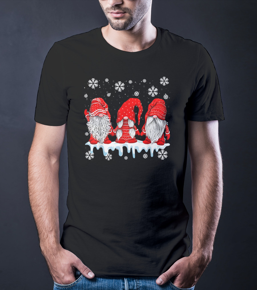 Three Festive Red Gnomes With Snowflakes T-Shirt