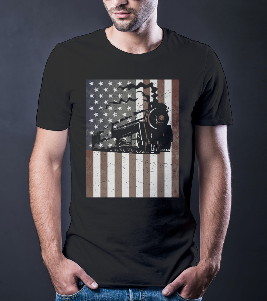 American Flag Steam Train Vintage Model Builder T-Shirt