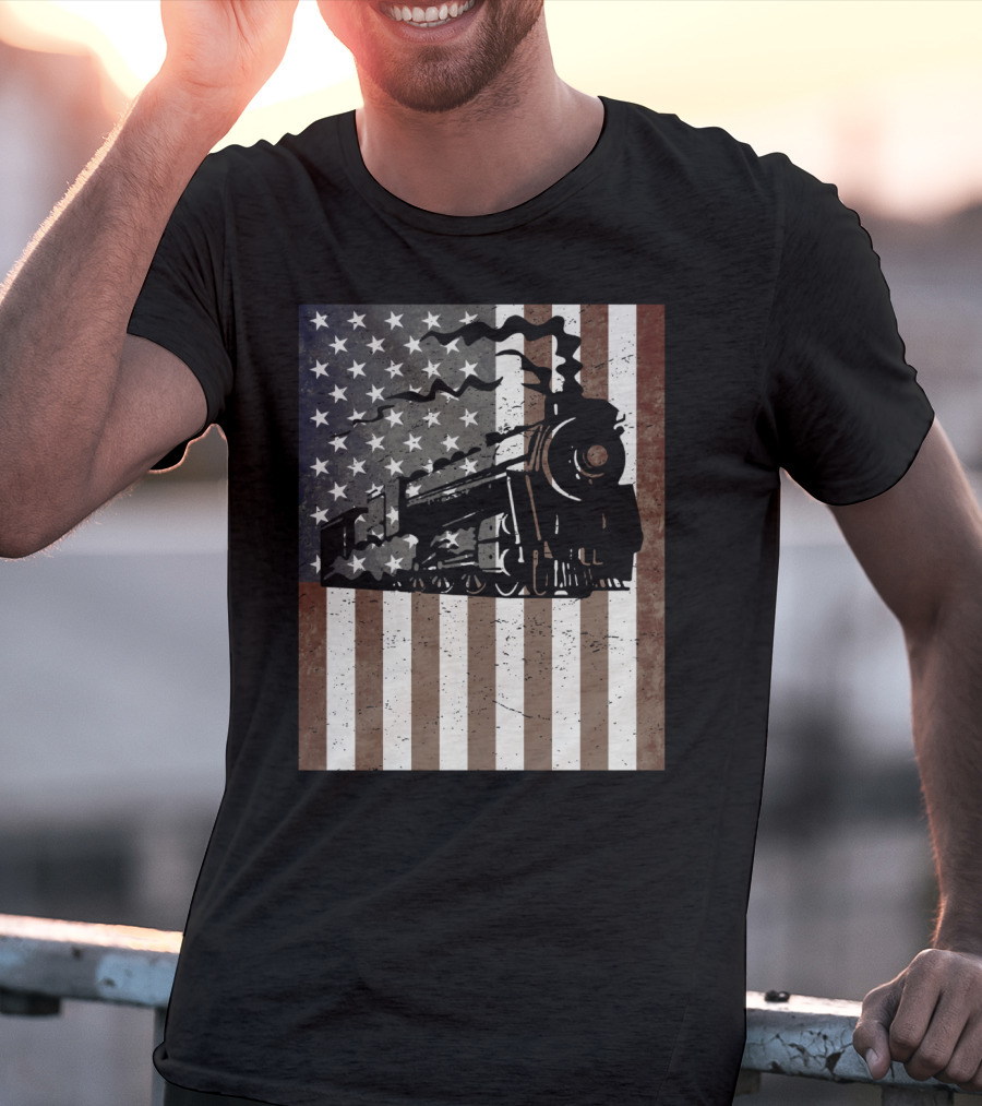 American Flag Steam Train Vintage Model Builder T-Shirt