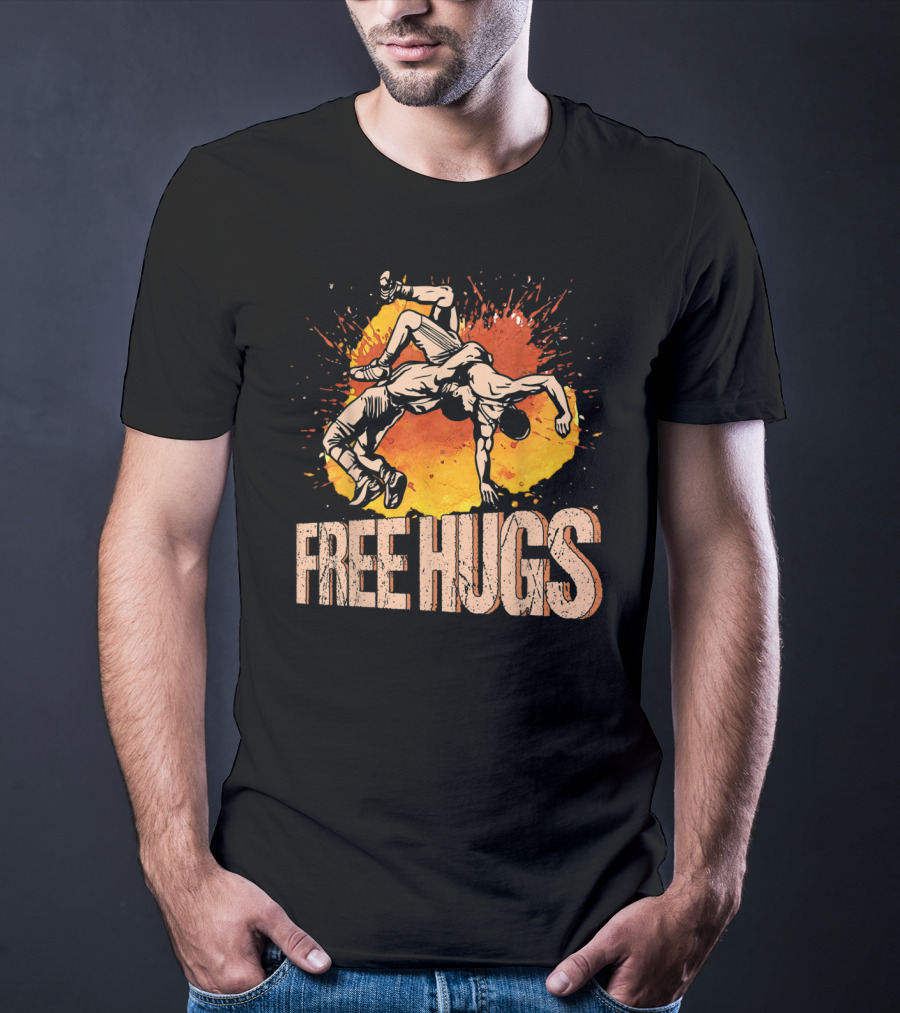 Free Hugs Wrestling Art With Splash Background T-Shirt