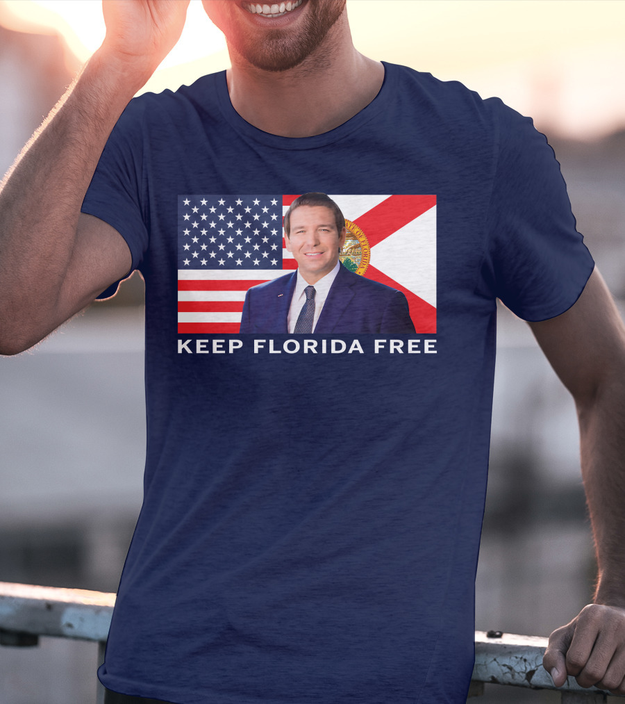 Keep Florida Free American Flag Portrait Navy Fine Jersey T-Shirt