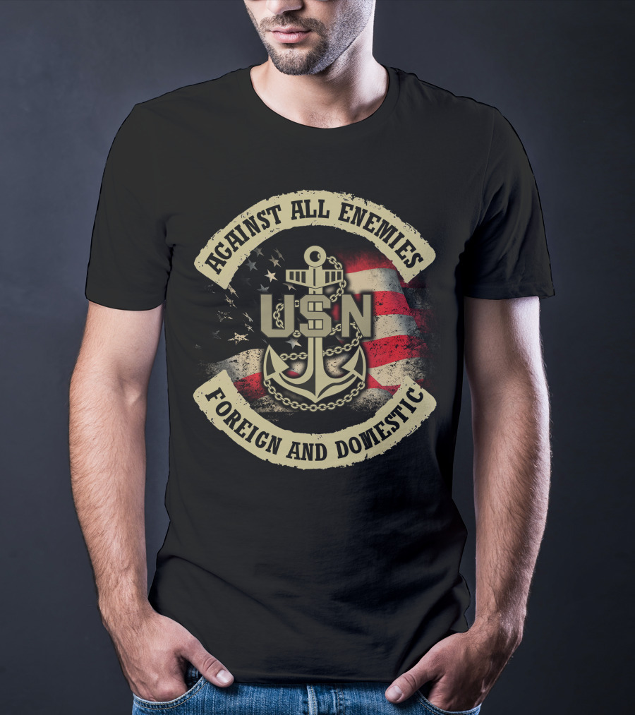 Usn Against All Enemies Foreign And Domestic Anchor American Flag T-Shirt