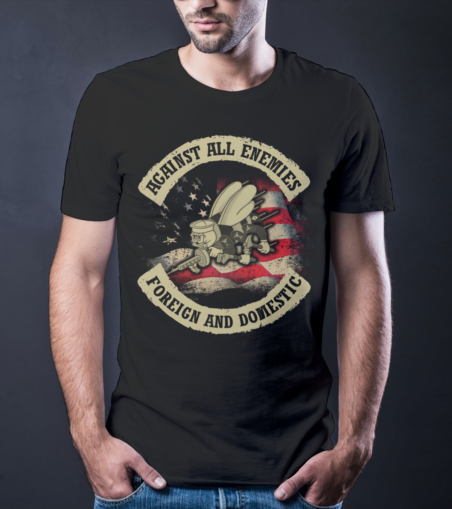 Against All Enemies Foreign And Domestic Vintage Army Bee Usa Flag T-Shirt