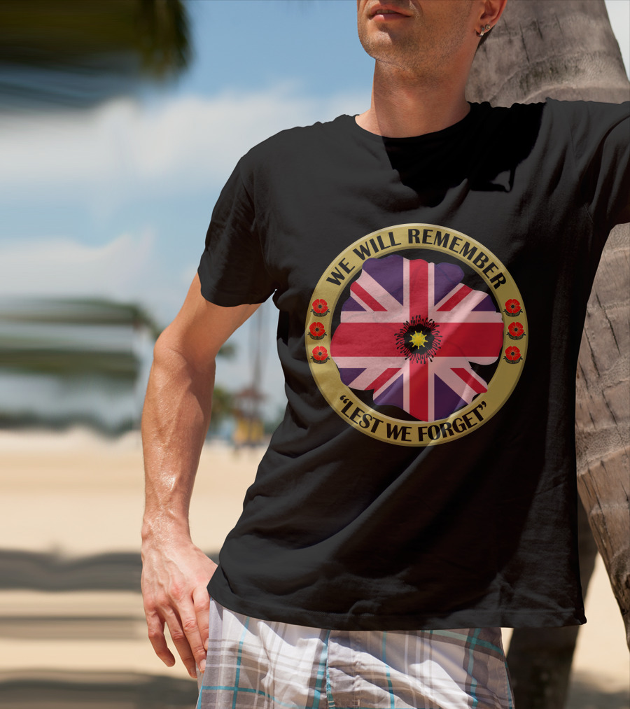 We Will Remember Lest We Forget Union Jack Poppy Remembrance T-Shirt