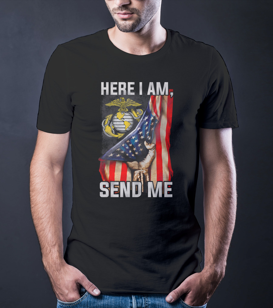 Here I Am Send Me Us Marine Corps American Flag T-Shirt