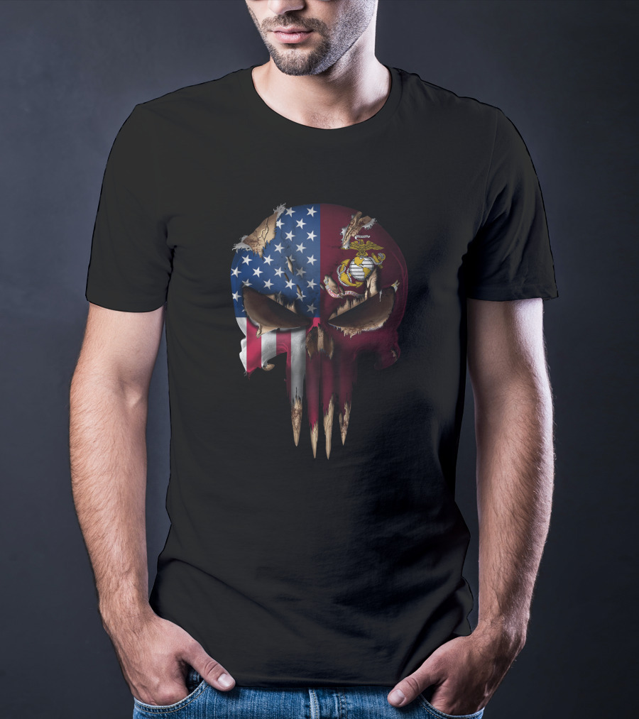 Patriotic Us Flag Skull With Marine Corps T-Shirt