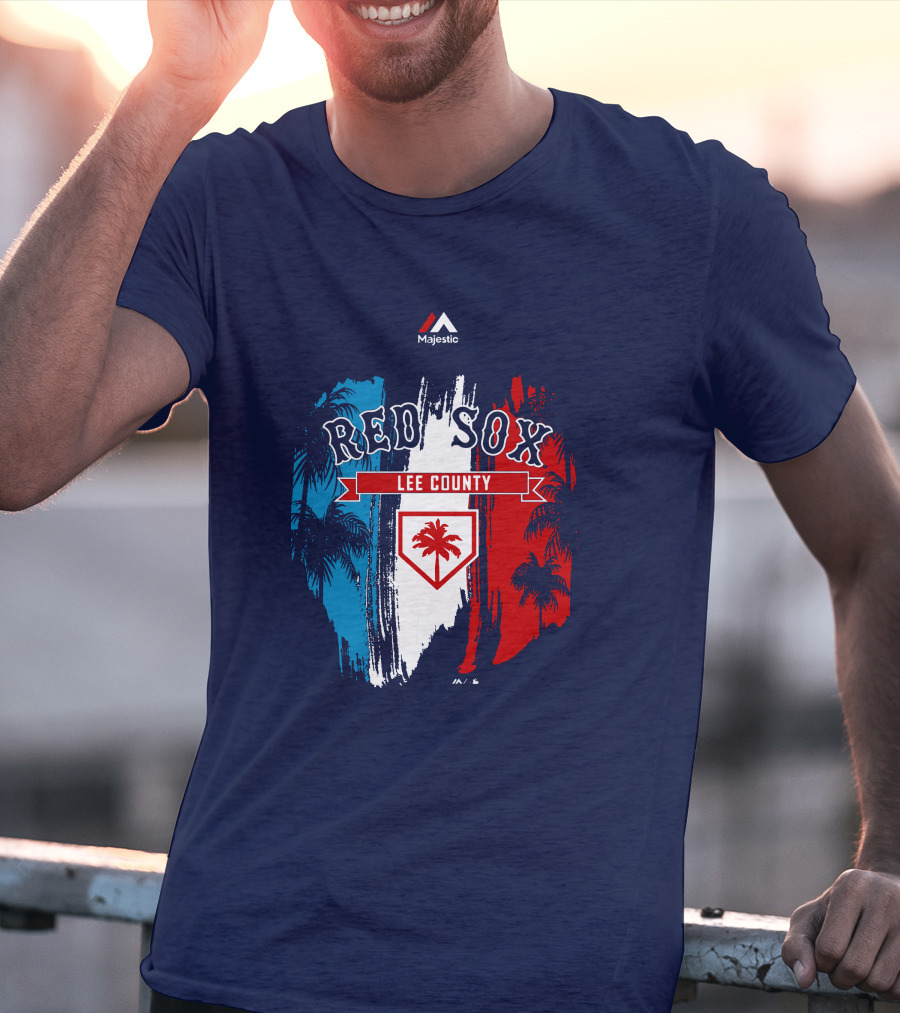 Majestic Red Sox Lee County Mookie Betts Palm Tree Blue Red White T-Shirt