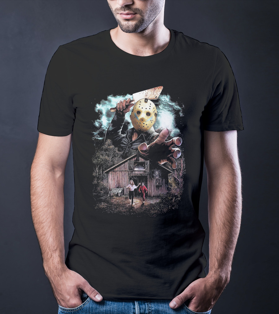 Friday The 13th Jason Voorhees Mask And Cabin Scene T-Shirt