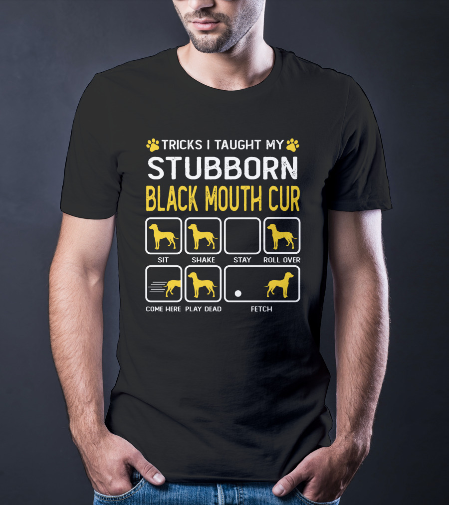 Tricks I Taught My Stubborn Black Mouth Cur Sit Shake Stay Roll Over Come Here Play Dead Fetch T-Shirt