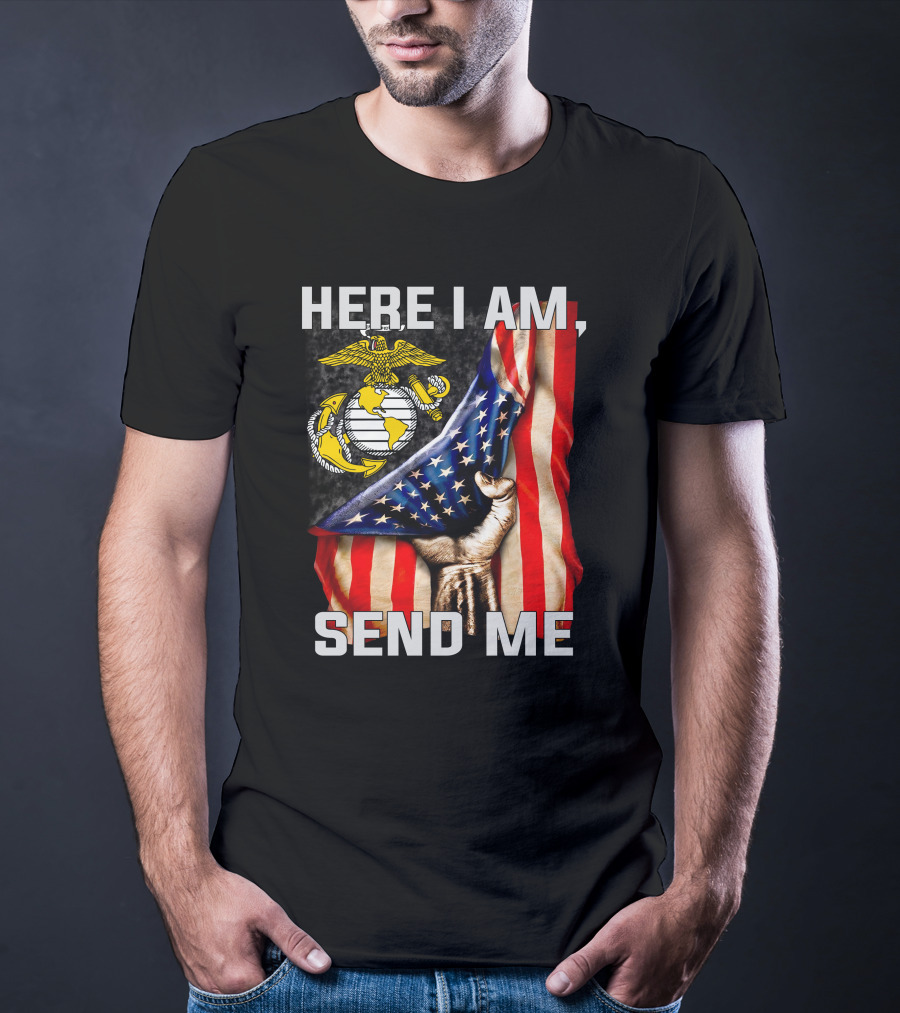 Here I Am Send Me US Marine Corps Eagle Globe Anchor American Flag T-Shirt