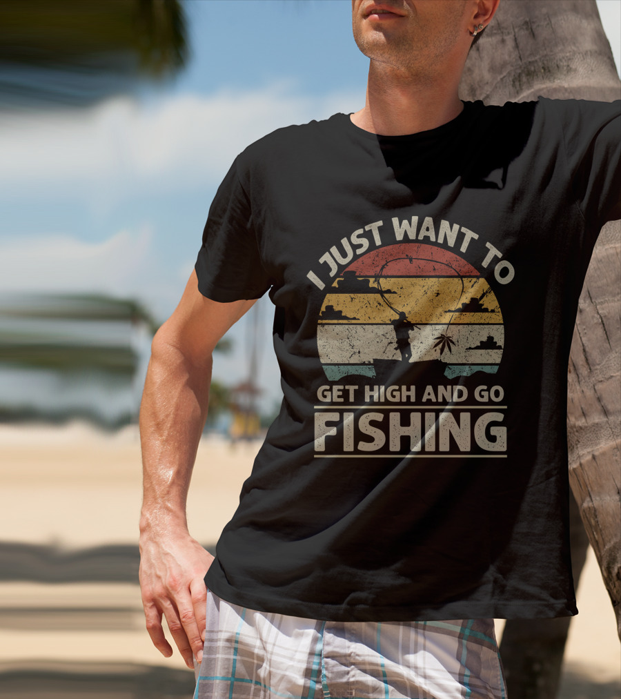 I Just Want To Get High And Go Fishing Vintage Sunset Canoe Adventure T-Shirt