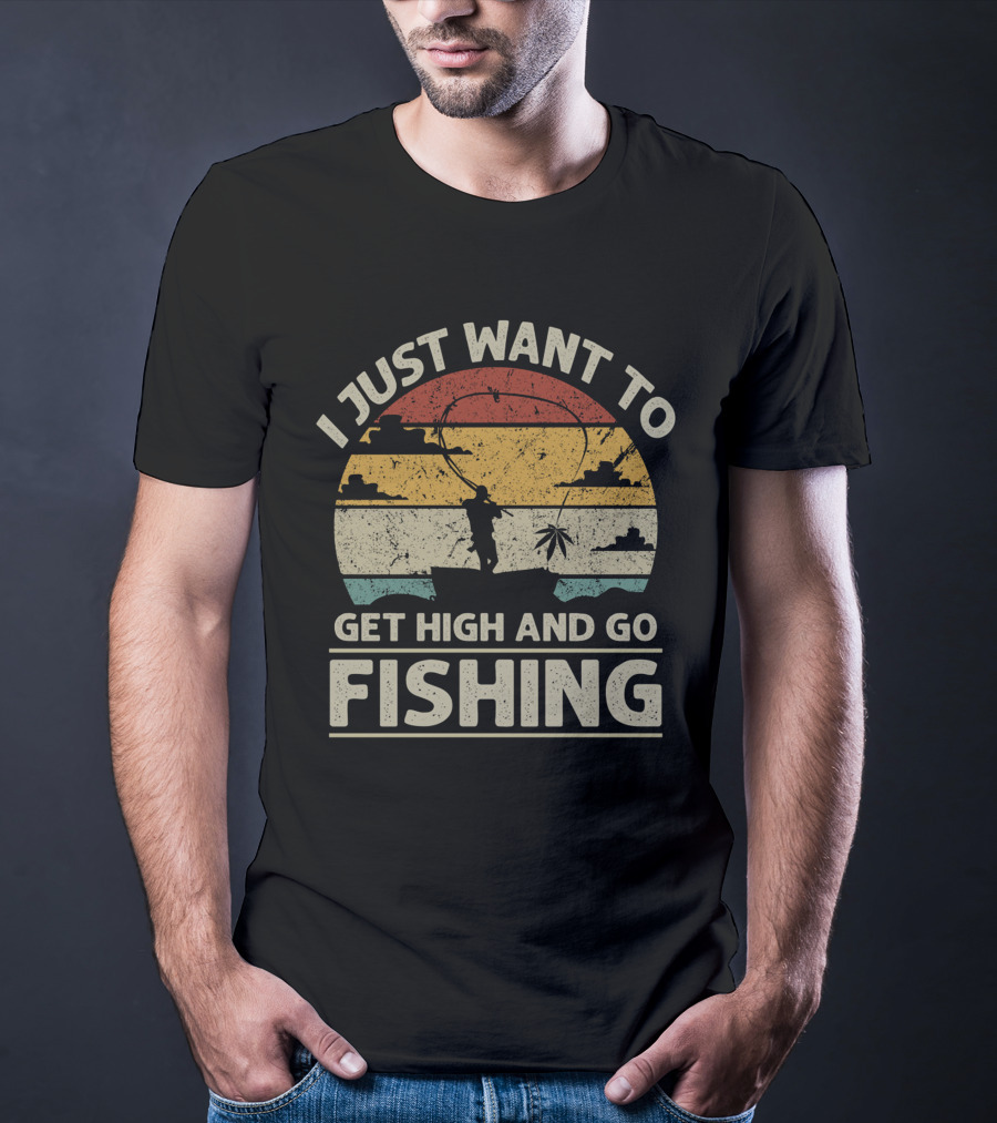 I Just Want To Get High And Go Fishing Vintage Sunset Canoe Adventure T-Shirt