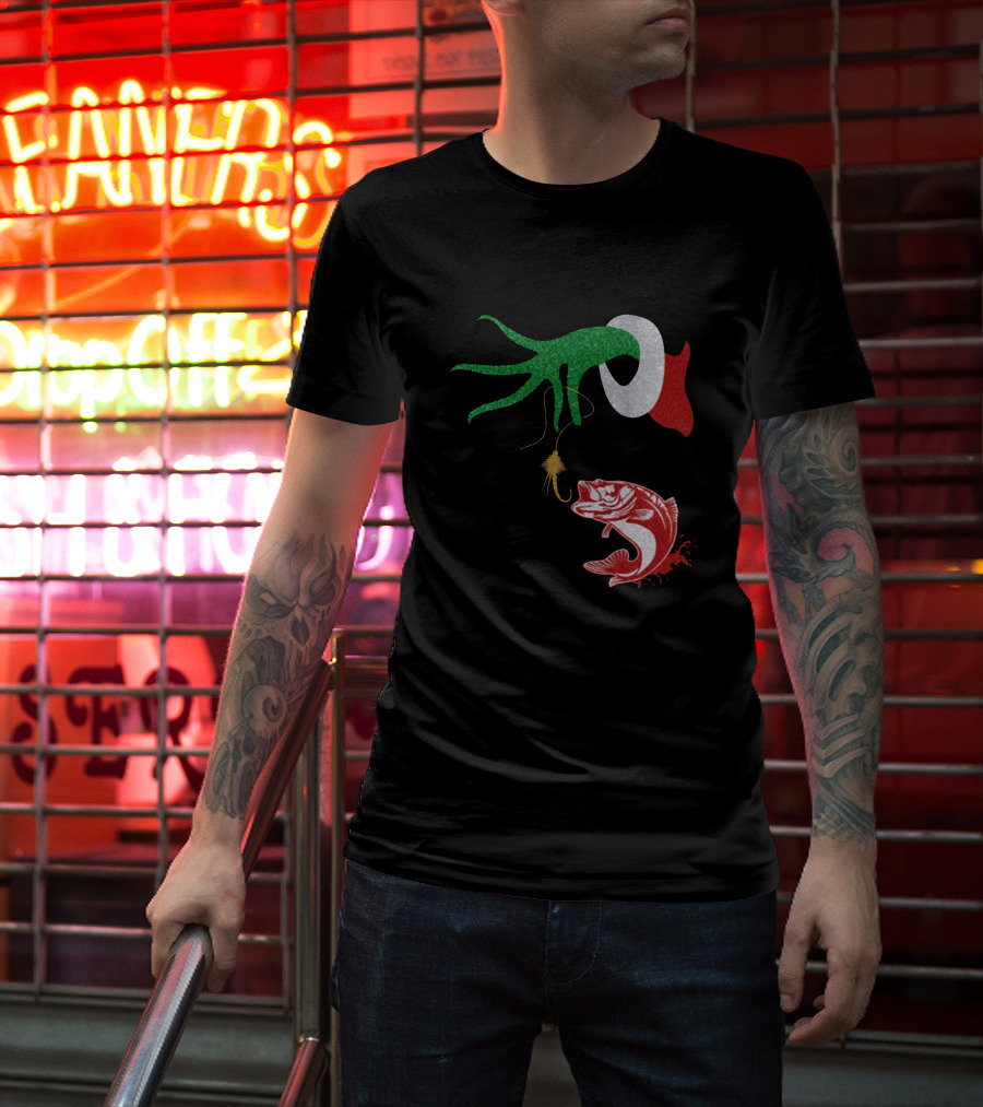 Ginch Christmas Fishing Grinch Hand With Fish Hook And Jumping Fish T-Shirt