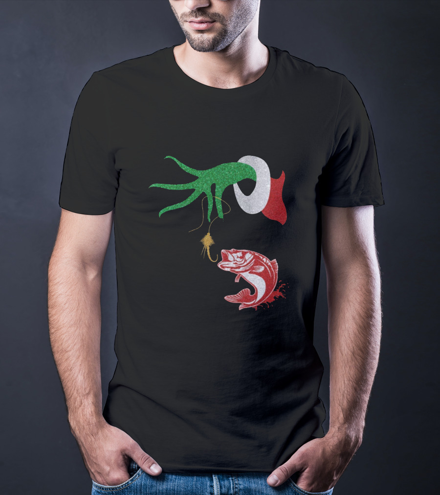 Ginch Christmas Fishing Grinch Hand With Fish Hook And Jumping Fish T-Shirt