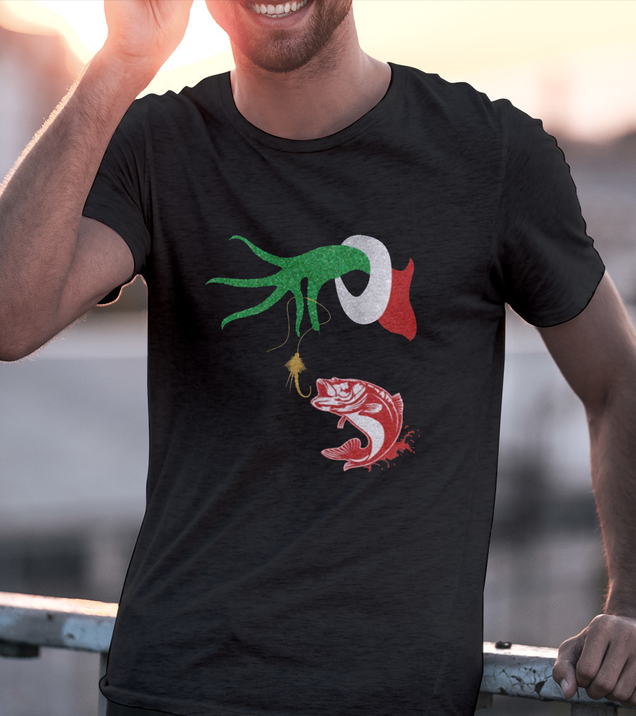 Ginch Christmas Fishing Grinch Hand With Fish Hook And Jumping Fish T-Shirt