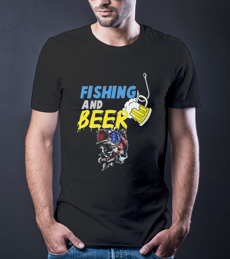 Fishing And Beer American Flag Fish Version With Mug And Hook T-Shirt