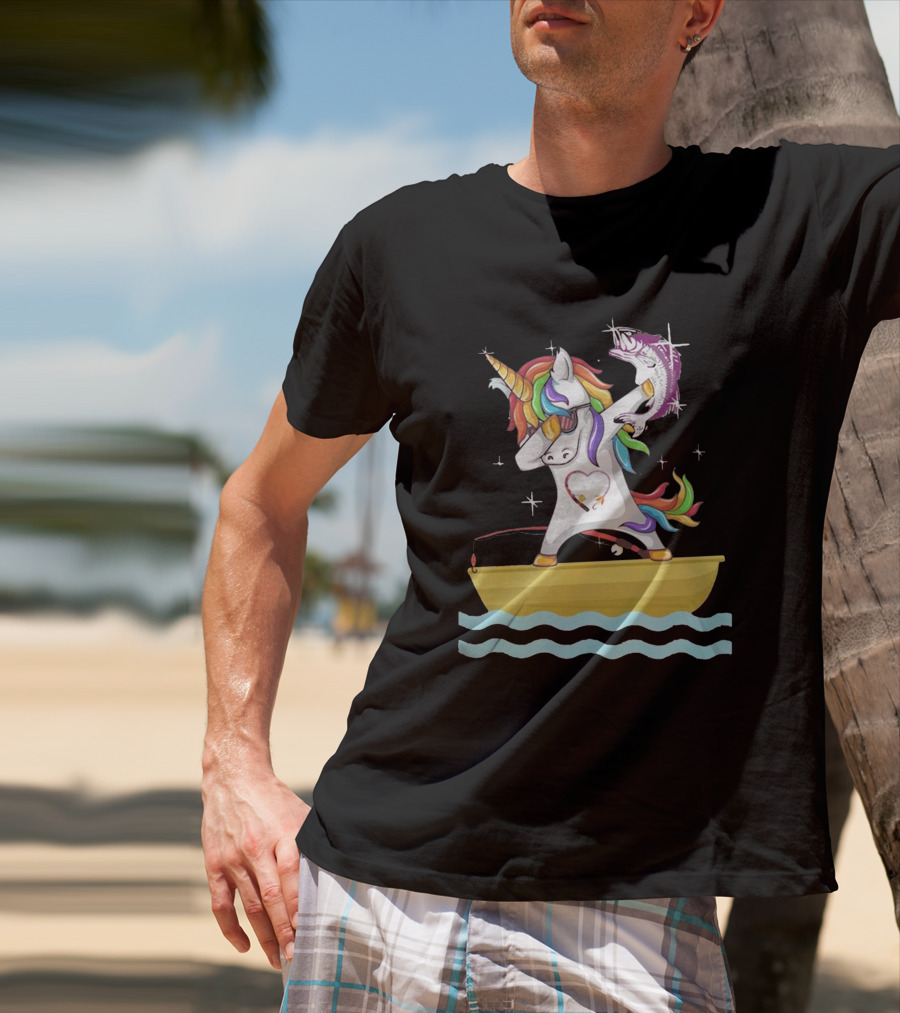 Unicorn Dabbing With Fish On Boat T-Shirt