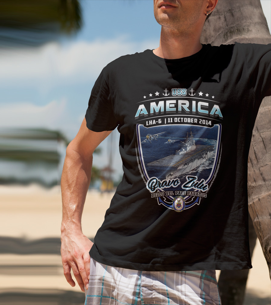 Uss America Lha-6 11 October 2014 Bravo Zulu Bello Vel Pace Paratus T-Shirt