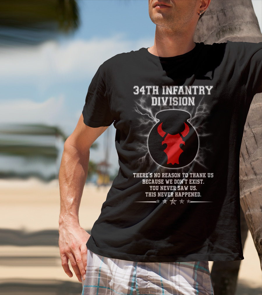 34Th Infantry Division Red Bull Skull With Lightning And Secret Message T-Shirt
