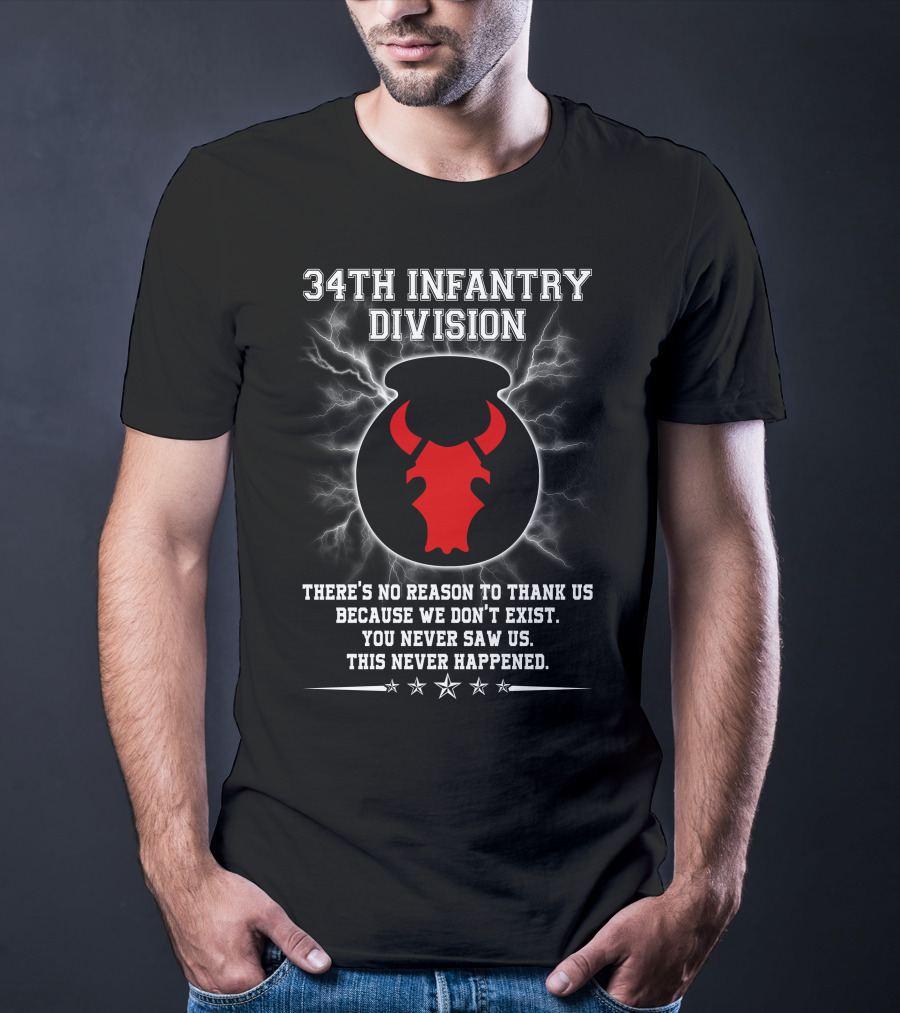34Th Infantry Division Red Bull Skull With Lightning And Secret Message T-Shirt
