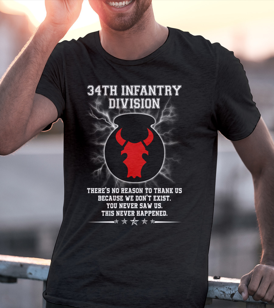 34Th Infantry Division Red Bull Skull With Lightning And Secret Message T-Shirt