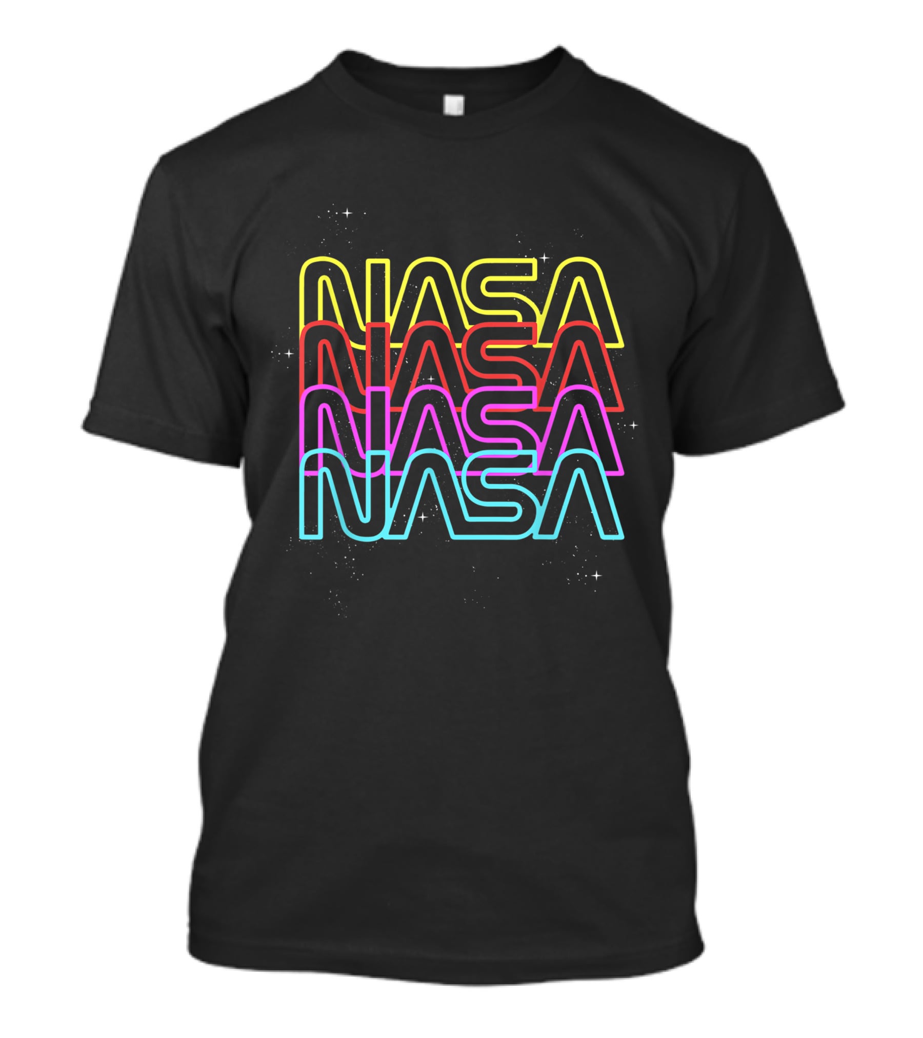 NASA Neon Rainbow Repeat Text Multicolor Stacked Space T-Shirt