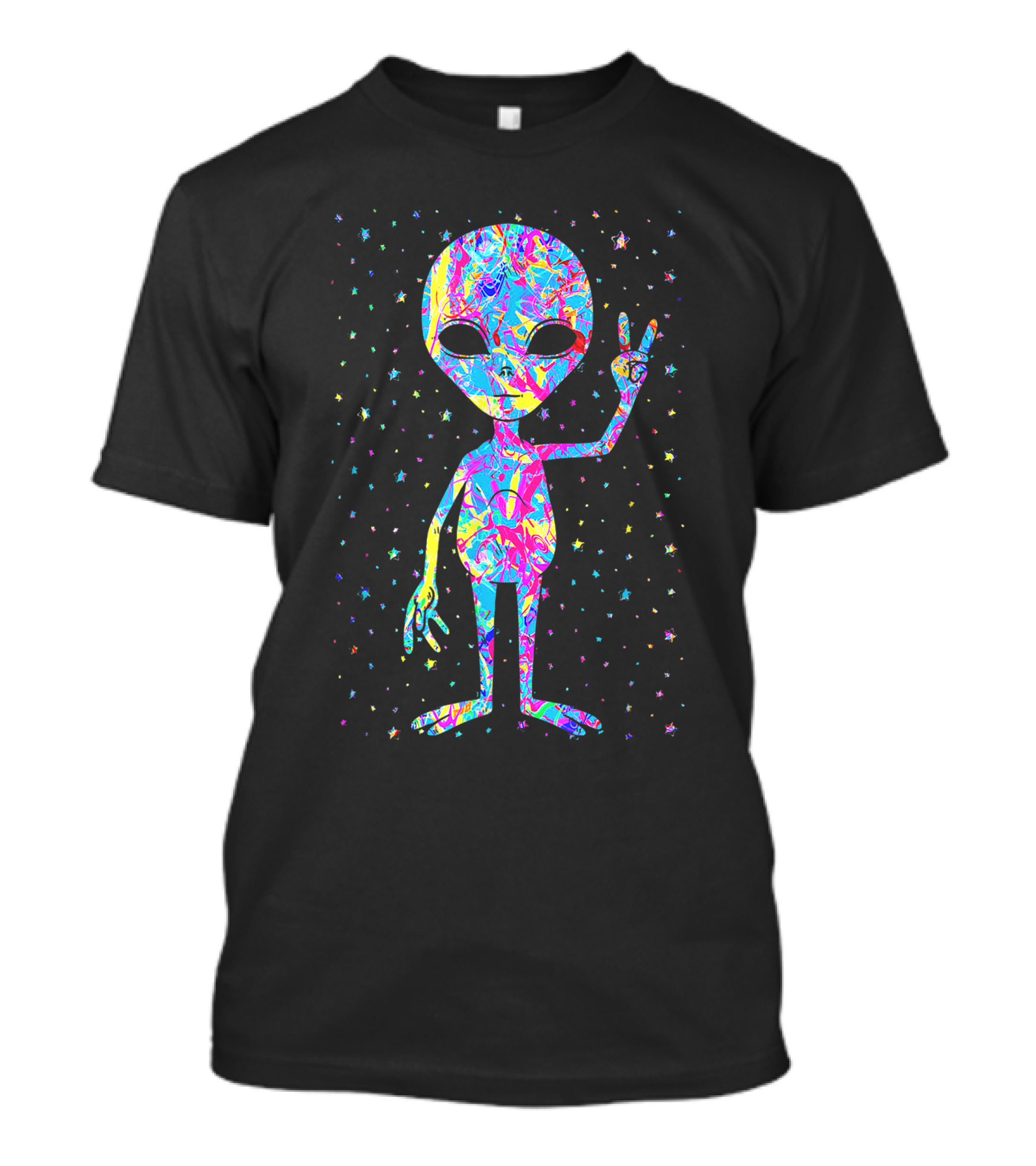 1970s Groovy Tie Dye Alien With Peace Sign T-Shirt
