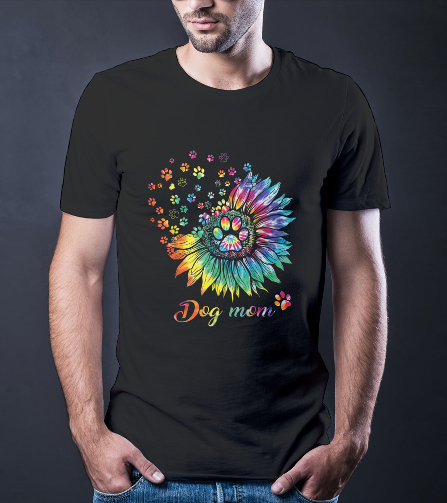 Dog Mom Tie Dye Sunflower With Paw Prints T-Shirt