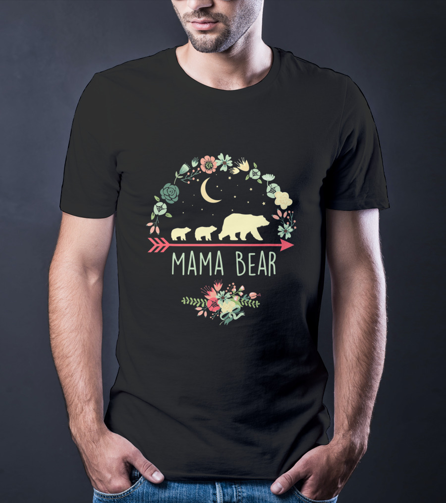Mama Bear With Two Cubs Moon And Floral Arrow T-Shirt