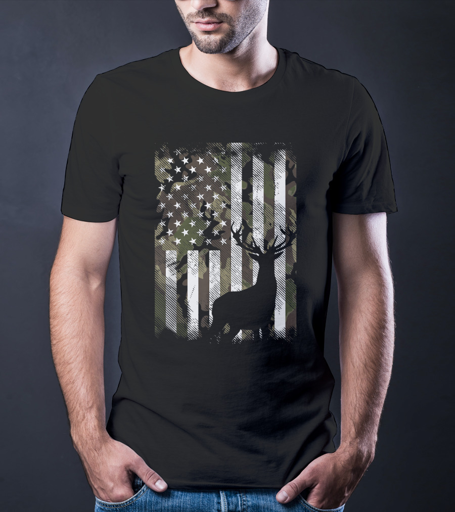 Camo American Flag With Deer Silhouette USA Hunting T-Shirt