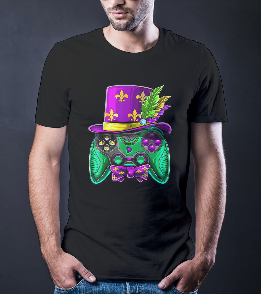 Mardi Gras Fleur-de-Lis Video Game Controller Jester Hat Bow Tie T-Shirt