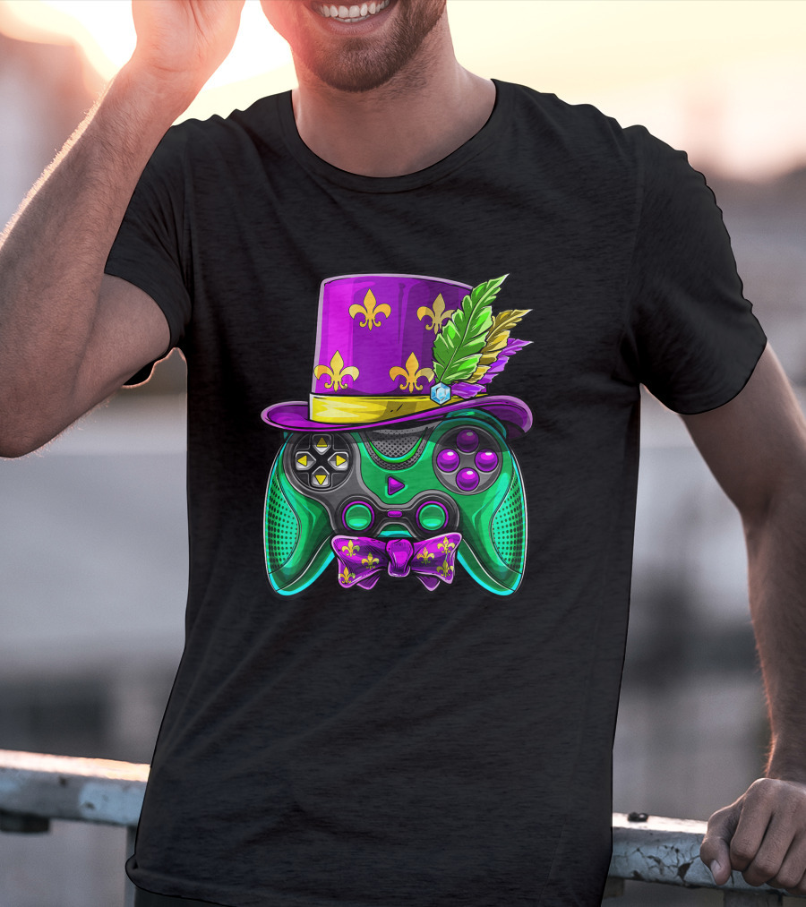 Mardi Gras Fleur-de-Lis Video Game Controller Jester Hat Bow Tie T-Shirt