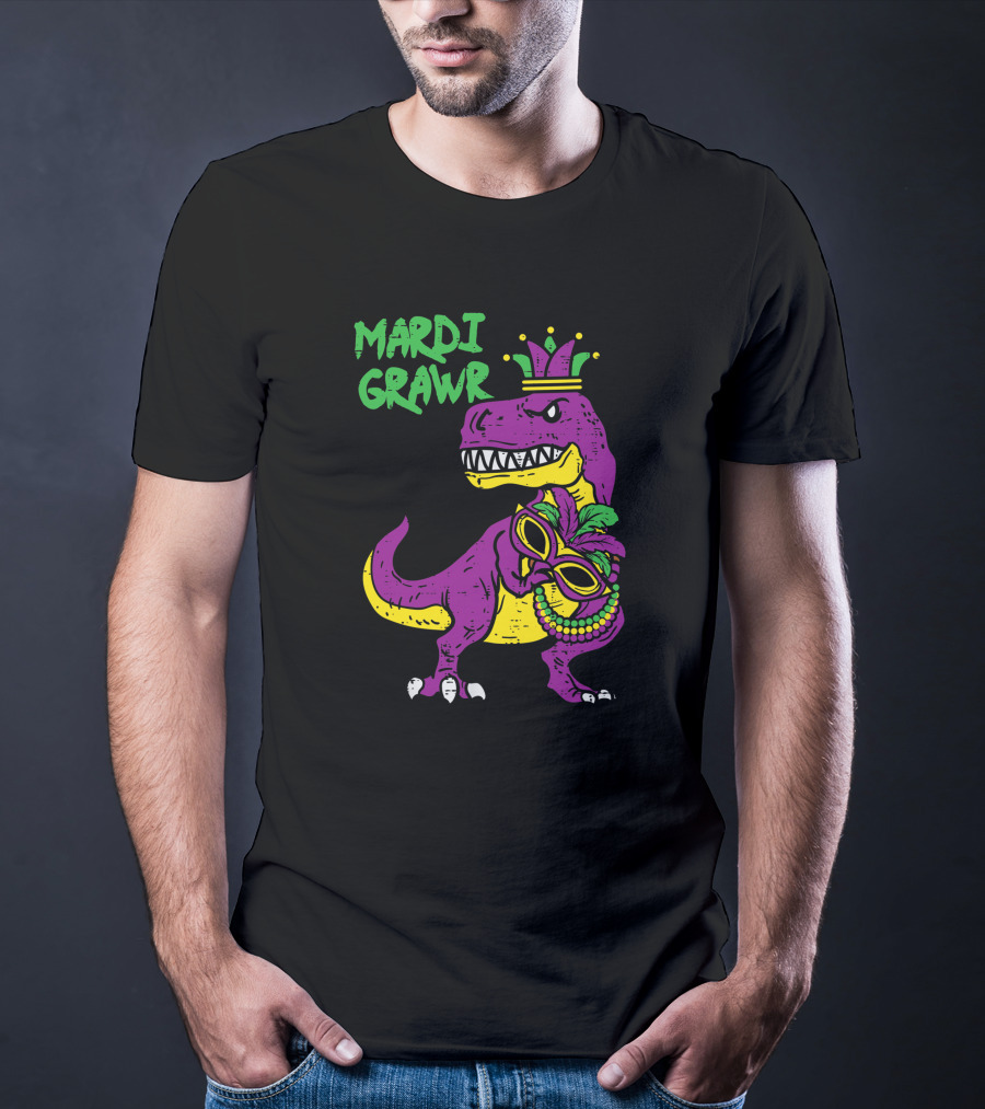 Mardi Grawr Jester Trex Dinosaur With Mask And Beads T-Shirt