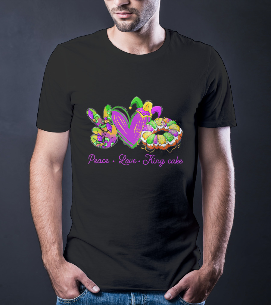 Peace Love King Cake Funny Mardi Gras Party Carnival Icons T-Shirt