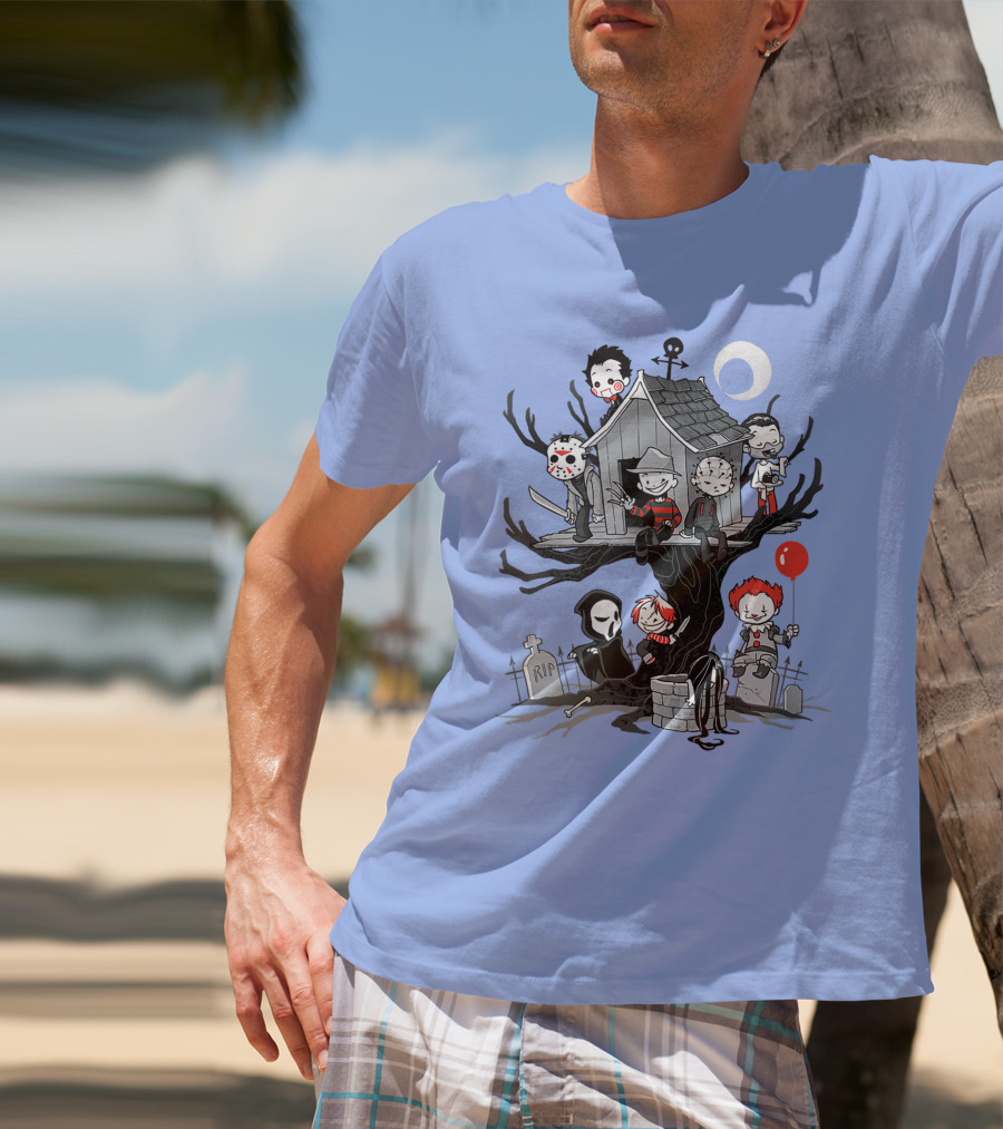 Horror Icons Treehouse Adventure With Scream Mask T-Shirt