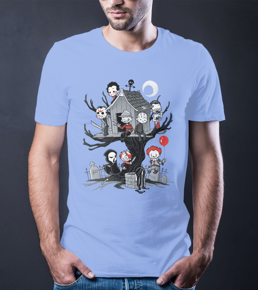 Horror Icons Treehouse Adventure With Scream Mask T-Shirt