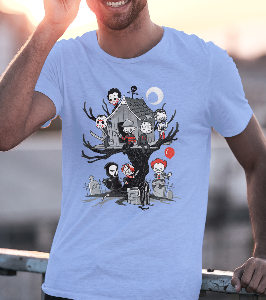 Horror Icons Treehouse Adventure With Scream Mask T-Shirt