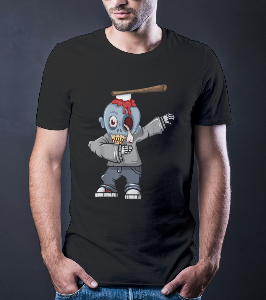 Dabbing Zombie Halloween Axe Head Creepy Cartoon T-Shirt